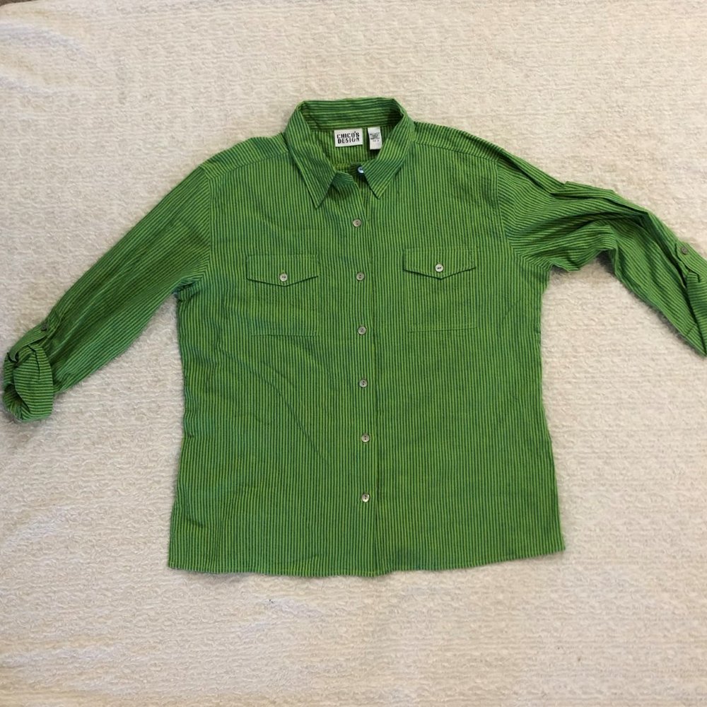 Chico's Design, Women, Size 3, Shirt Button Down, Striped Green, 100% Cotton